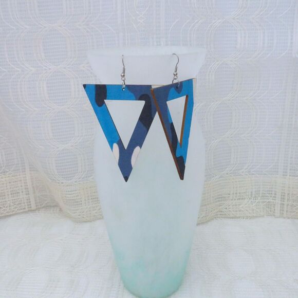 Inverted Triangle Blue Camo Dangle Earrings For Women 4 Inches - Picture 4 of 8